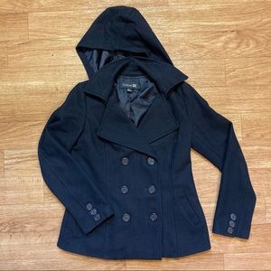 Navy blue pea coat with hood